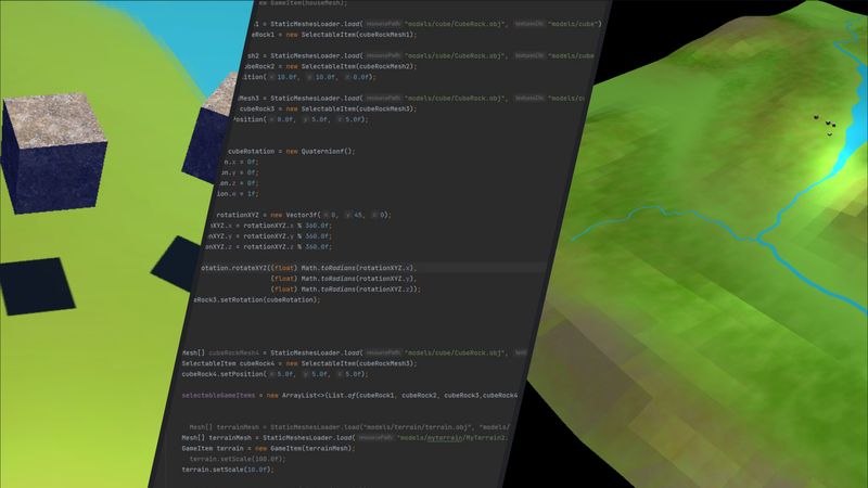 An image split into 3 parts. First a 3d rendered cube. Second a Code snippet. Third a 3D rendered terrain.